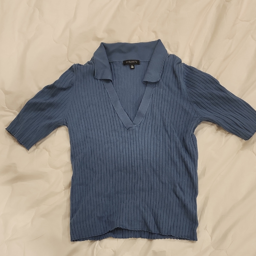 Dusty Blue Ribbed Collared V-Neck Short Sleeve Top